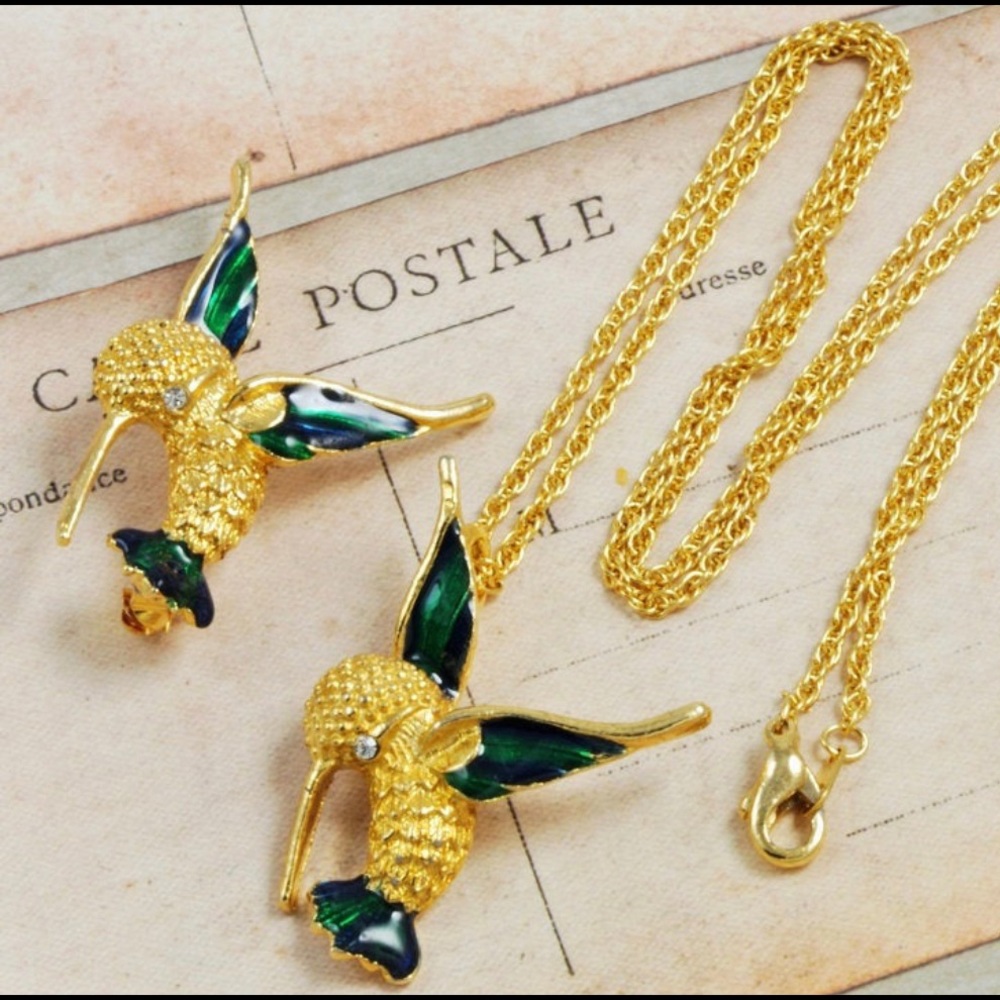 Colibri hummingbird necklace and brooch set